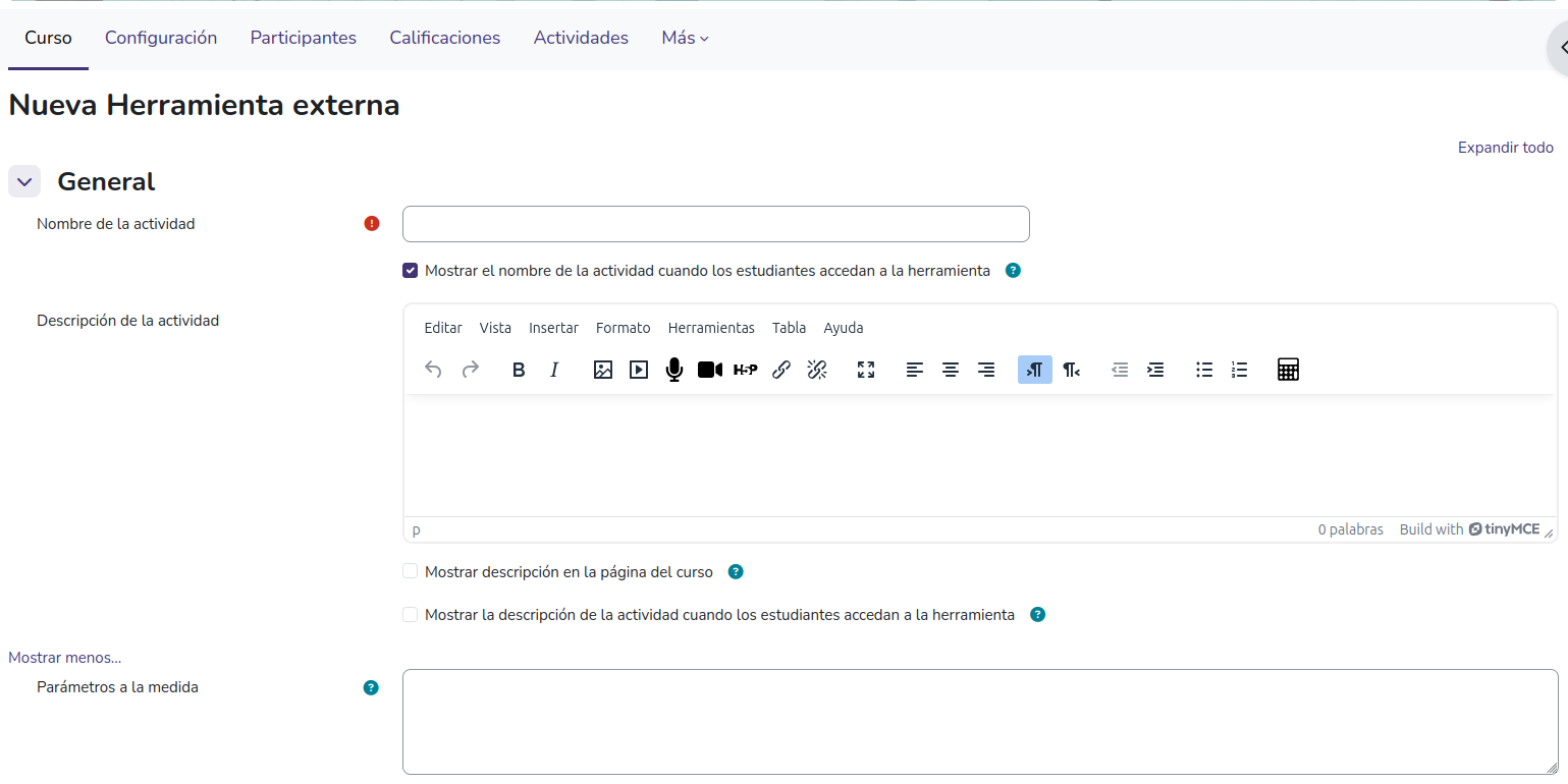 Campo "Parámetros a la medida" en la configuración de la actividad
