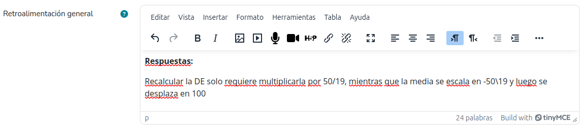 Sección de retroalimentación general con el componente «Respuesta».